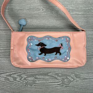 Vintage Y2K Dachshund Dog Should Bag Purse Dusty Pink Blue with Embroidery Beads